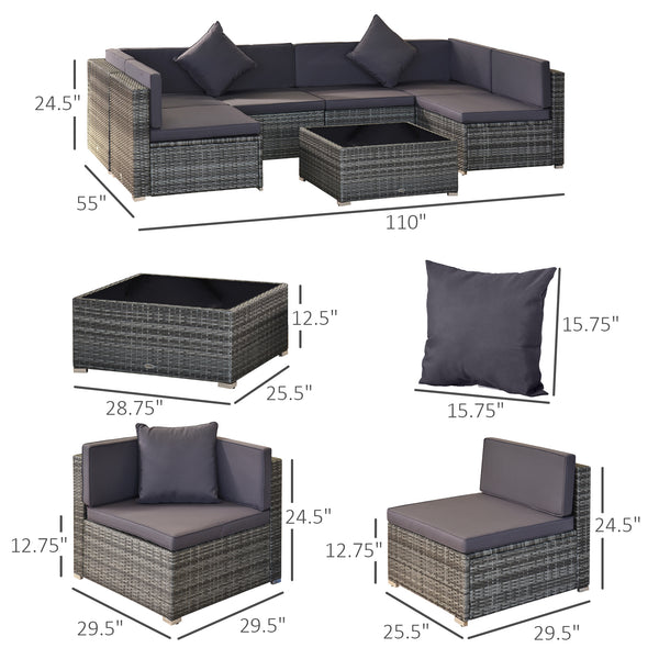 Outsunny 7-Piece Patio Furniture Set, Outdoor Wicker Conversation Set, All Weather PE Rattan Sectional Sofa Set with Cushions and Tempered Glass Top Coffee Table, Pillows, Gray