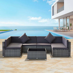 Outsunny 7-Piece Patio Furniture Set, Outdoor Wicker Conversation Set, All Weather PE Rattan Sectional Sofa Set with Cushions and Tempered Glass Top Coffee Table, Pillows, Gray