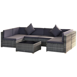 Outsunny 7-Piece Patio Furniture Set, Outdoor Wicker Conversation Set, All Weather PE Rattan Sectional Sofa Set with Cushions and Tempered Glass Top Coffee Table, Pillows, Gray