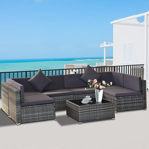 Outsunny 7-Piece Patio Furniture Set, Outdoor Wicker Conversation Set, All Weather PE Rattan Sectional Sofa Set with Cushions and Tempered Glass Top Coffee Table, Pillows, Gray