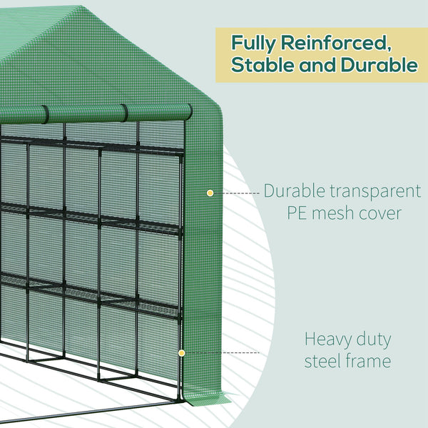 Outsunny 8' x 6' x 7' Walk-in Greenhouse, PE Cover, 4-Tier Shelves, Steel Frame Hot House, Roll-Up Zipper Door for Flowers, Vegetables, Saplings, Tropical Plants, Green