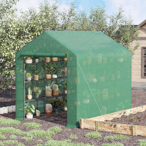 Outsunny 8' x 6' x 7' Walk-in Greenhouse, PE Cover, 4-Tier Shelves, Steel Frame Hot House, Roll-Up Zipper Door for Flowers, Vegetables, Saplings, Tropical Plants, Green