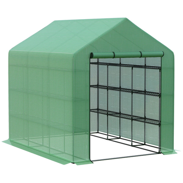 Outsunny 8' x 6' x 7' Walk-in Greenhouse, PE Cover, 4-Tier Shelves, Steel Frame Hot House, Roll-Up Zipper Door for Flowers, Vegetables, Saplings, Tropical Plants, Green