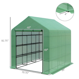 Outsunny 8' x 6' x 7' Walk-in Greenhouse, PE Cover, 4-Tier Shelves, Steel Frame Hot House, Roll-Up Zipper Door for Flowers, Vegetables, Saplings, Tropical Plants, Green