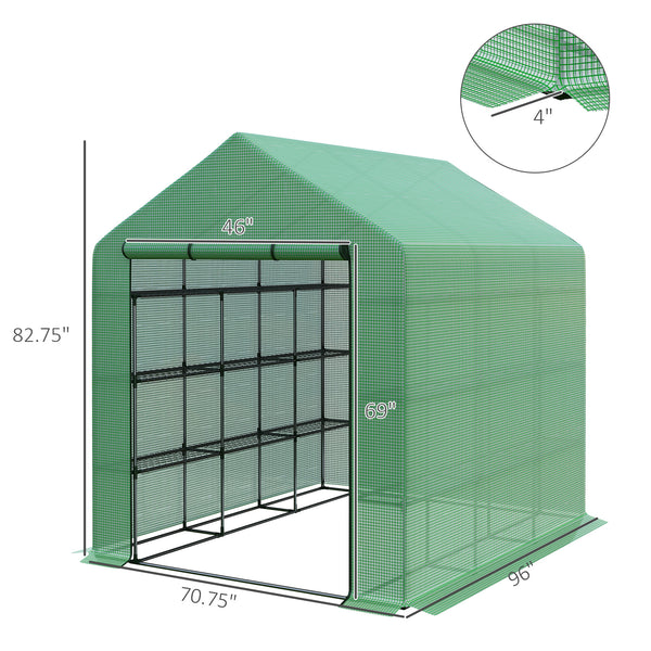 Outsunny 8' x 6' x 7' Walk-in Greenhouse, PE Cover, 4-Tier Shelves, Steel Frame Hot House, Roll-Up Zipper Door for Flowers, Vegetables, Saplings, Tropical Plants, Green