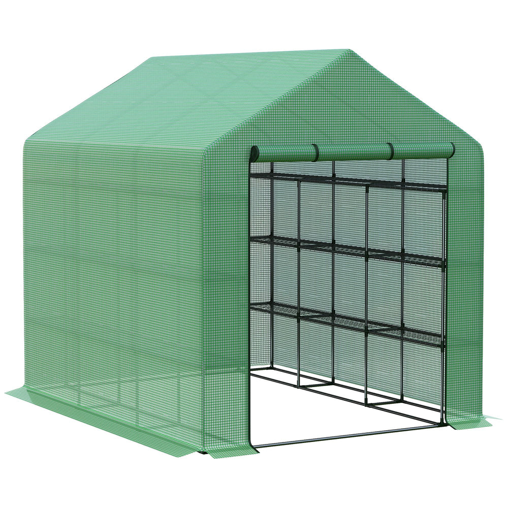 Outsunny 8' x 6' x 7' Walk-in Greenhouse, PE Cover, 4-Tier Shelves, Steel Frame Hot House, Roll-Up Zipper Door for Flowers, Vegetables, Saplings, Tropical Plants, Green