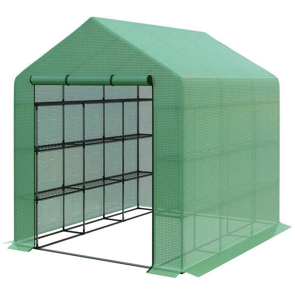 Outsunny 8' x 6' x 7' Walk-in Greenhouse, PE Cover, 4-Tier Shelves, Steel Frame Hot House, Roll-Up Zipper Door for Flowers, Vegetables, Saplings, Tropical Plants, Green