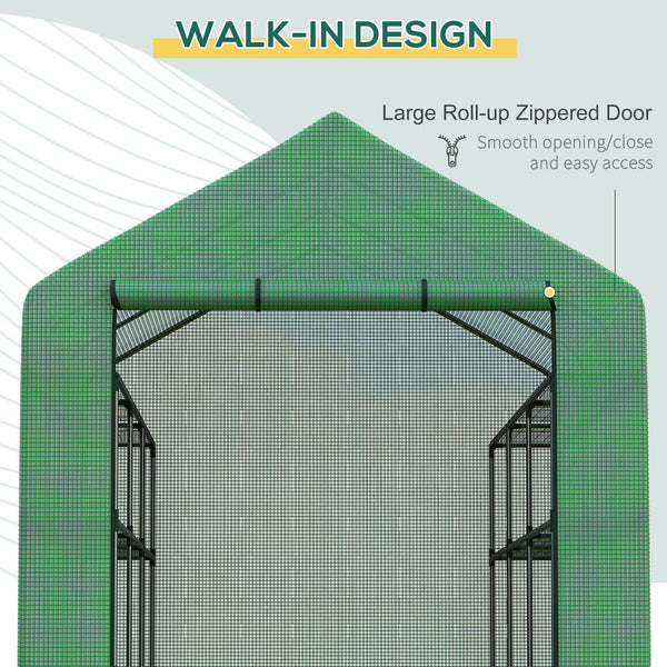 Outsunny 8' x 6' x 7' Walk-in Greenhouse, PE Cover, 4-Tier Shelves, Steel Frame Hot House, Roll-Up Zipper Door for Flowers, Vegetables, Saplings, Tropical Plants, Green