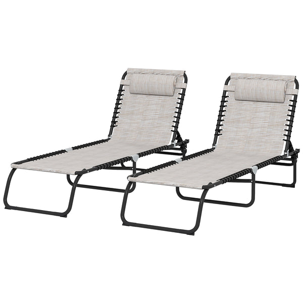 Outsunny Folding Chaise Lounge Pool Chair Set of 2, Patio Sun Tanning Chair, Outdoor Lounge Chair with 4-Position Reclining Back, Breathable Mesh Seat for Beach, Yard, Patio, Cream