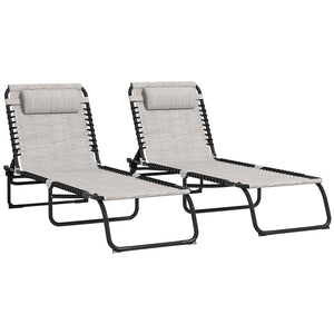 Outsunny Folding Chaise Lounge Pool Chair Set of 2, Patio Sun Tanning Chair, Outdoor Lounge Chair with 4-Position Reclining Back, Breathable Mesh Seat for Beach, Yard, Patio, Cream