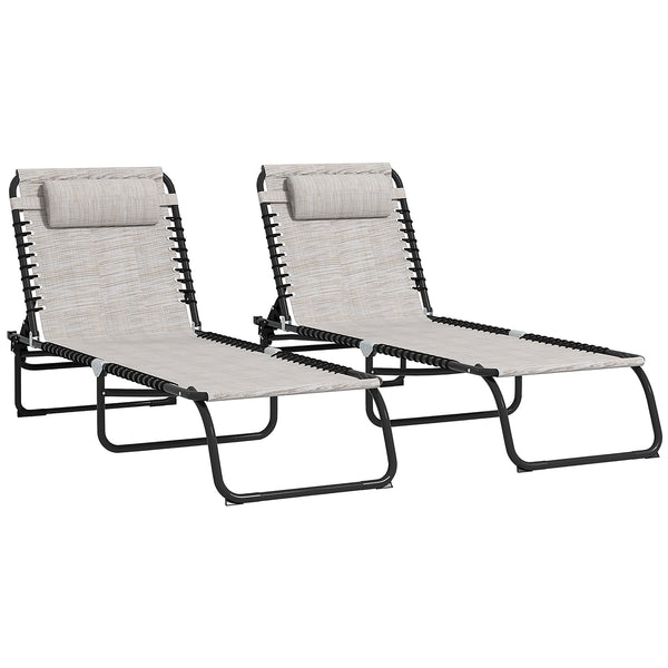 Outsunny Folding Chaise Lounge Pool Chair Set of 2, Patio Sun Tanning Chair, Outdoor Lounge Chair with 4-Position Reclining Back, Breathable Mesh Seat for Beach, Yard, Patio, Cream