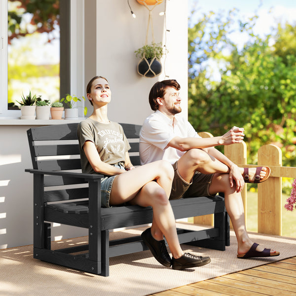 2-Person Outdoor Glider Bench Patio Double Swing Rocking Chair Loveseat w/ Slatted HDPE Frame for Backyard Garden Porch, Distressed Black