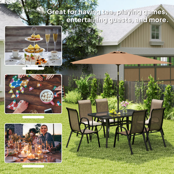 8 Pieces Patio Table and Chairs Set with 9 Ft Patio Umbrella, Outdoor Dining Set with 4.6 Ft Dining Table and 6 Chairs, Push Button Tilt and Crank Parasol, Tempered Glass Top, Mixed Brown