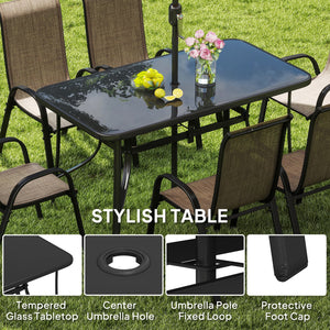 8 Pieces Patio Table and Chairs Set with 9 Ft Patio Umbrella, Outdoor Dining Set with 4.6 Ft Dining Table and 6 Chairs, Push Button Tilt and Crank Parasol, Tempered Glass Top, Mixed Brown