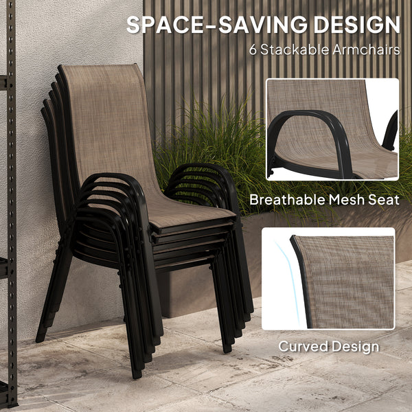 8 Pieces Patio Table and Chairs Set with 9 Ft Patio Umbrella, Outdoor Dining Set with 4.6 Ft Dining Table and 6 Chairs, Push Button Tilt and Crank Parasol, Tempered Glass Top, Mixed Brown