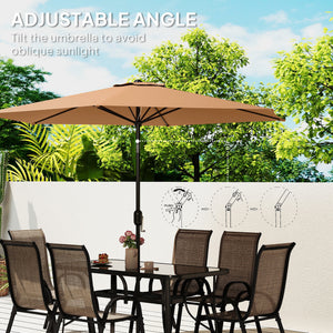 8 Pieces Patio Table and Chairs Set with 9 Ft Patio Umbrella, Outdoor Dining Set with 4.6 Ft Dining Table and 6 Chairs, Push Button Tilt and Crank Parasol, Tempered Glass Top, Mixed Brown