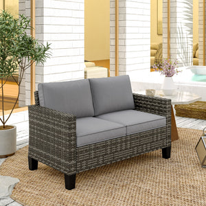 2 Seater Rattan Sofa with Cushions, Wicker Garden Loveseat with Armrests, Outdoor Garden Sofa Couch with Steel Frame for Balcony, Porch, Dark Grey