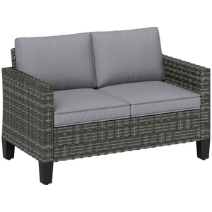 2 Seater Rattan Sofa with Cushions, Wicker Garden Loveseat with Armrests, Outdoor Garden Sofa Couch with Steel Frame for Balcony, Porch, Dark Grey