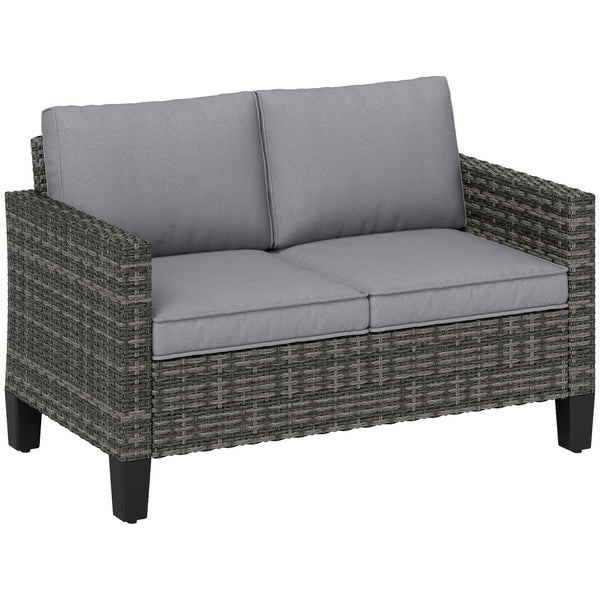 2 Seater Rattan Sofa with Cushions, Wicker Garden Loveseat with Armrests, Outdoor Garden Sofa Couch with Steel Frame for Balcony, Porch, Dark Grey