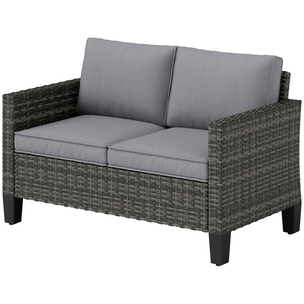 2 Seater Rattan Sofa with Cushions, Wicker Garden Loveseat with Armrests, Outdoor Garden Sofa Couch with Steel Frame for Balcony, Porch, Dark Grey