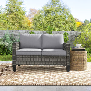 2 Seater Rattan Sofa with Cushions, Wicker Garden Loveseat with Armrests, Outdoor Garden Sofa Couch with Steel Frame for Balcony, Porch, Dark Grey