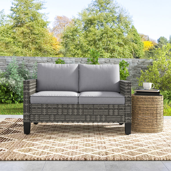 2 Seater Rattan Sofa with Cushions, Wicker Garden Loveseat with Armrests, Outdoor Garden Sofa Couch with Steel Frame for Balcony, Porch, Dark Grey