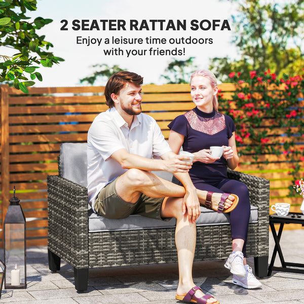 2 Seater Rattan Sofa with Cushions, Wicker Garden Loveseat with Armrests, Outdoor Garden Sofa Couch with Steel Frame for Balcony, Porch, Dark Grey