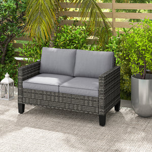 2 Seater Rattan Sofa with Cushions, Wicker Garden Loveseat with Armrests, Outdoor Garden Sofa Couch with Steel Frame for Balcony, Porch, Dark Grey