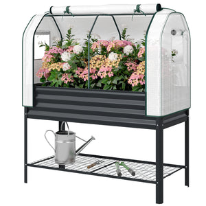 Galvanised Raised Garden Bed with Greenhouse Cover, Metal Elevated Garden Bed with Legs, Bed Liner and Bottom Shelf, Outdoor Raised Planter Box for Vegetables, Herbs, Flowers, Black