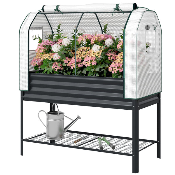 Galvanised Raised Garden Bed with Greenhouse Cover, Metal Elevated Garden Bed with Legs, Bed Liner and Bottom Shelf, Outdoor Raised Planter Box for Vegetables, Herbs, Flowers, Black