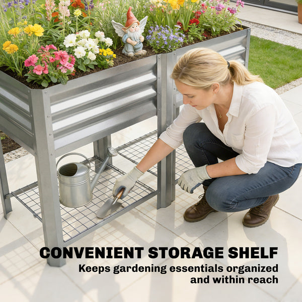Galvanized Steel Raised Garden Bed, Elevated Planter Box with Legs and Storage Shelf, Raised Planter for Vegetables, Flowers, Herbs, for Outdoor, Patio, Yard, Silver