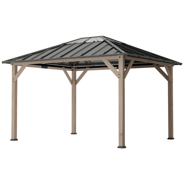 10' x 12' Hardtop Gazebo with Galvanized Steel Roof, Wood Permanent Pavilion Canopy Shelter with Clear Roof Top, UPF50+ Protection, Ceiling Hooks for Lawn, Backyard, Deck, Light Walnut