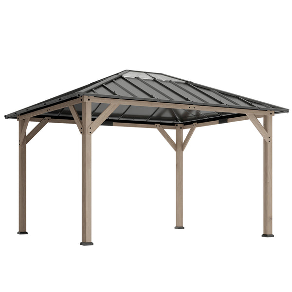 10' x 12' Hardtop Gazebo with Galvanized Steel Roof, Wood Permanent Pavilion Canopy Shelter with Clear Roof Top, UPF50+ Protection, Ceiling Hooks for Lawn, Backyard, Deck, Light Walnut