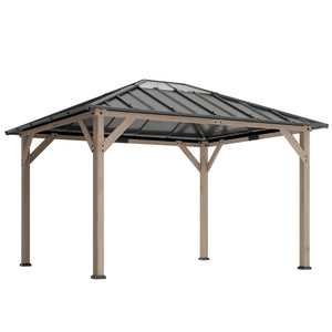 10' x 12' Hardtop Gazebo with Galvanized Steel Roof, Wood Permanent Pavilion Canopy Shelter with Clear Roof Top, UPF50+ Protection, Ceiling Hooks for Lawn, Backyard, Deck, Light Walnut