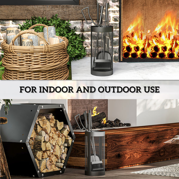 Fireplace Tools Set 5 Pieces Metal Fire Place Kit, Outdoor Indoor Fireside Accessories with Brush, Shovel, Poker, A Pair of Tongs, Mesh Basket, Black
