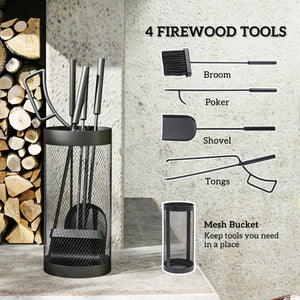 5-Piece Fireplace Companion Set, Metal Fireplace Tools Set with Brush, Shovel, Poker, Tongs and Bucket, Fireside Companion for Indoor or Outdoor Fireplaces, Chimineas, Fire Pits