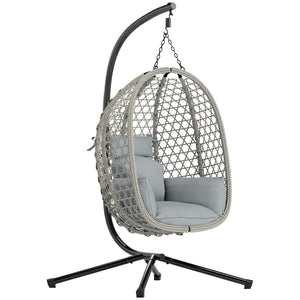 Hanging Egg Chair, Indoor Outdoor Rattan Hammock Swing Chair with Stand, Safety Strap, Foldable Basket, Thick Cushion, Headrest, Metal Frame for Garden Balcony Patio Lounge Porch, Light Grey