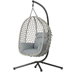 Hanging Egg Chair, Indoor Outdoor Rattan Hammock Swing Chair with Stand, Safety Strap, Foldable Basket, Thick Cushion, Headrest, Metal Frame for Garden Balcony Patio Lounge Porch, Light Grey