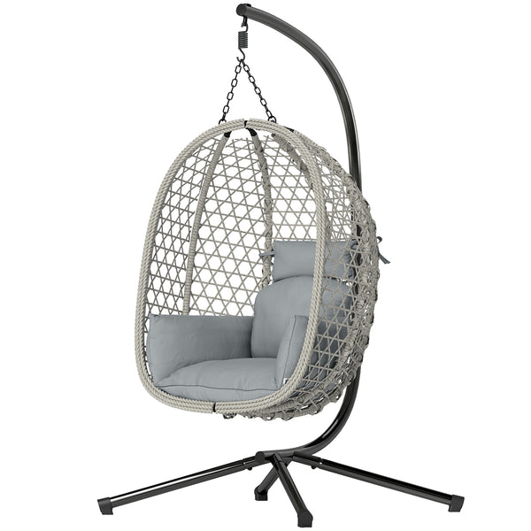 Hanging Egg Chair, Indoor Outdoor Rattan Hammock Swing Chair with Stand, Safety Strap, Foldable Basket, Thick Cushion, Headrest, Metal Frame for Garden Balcony Patio Lounge Porch, Light Grey