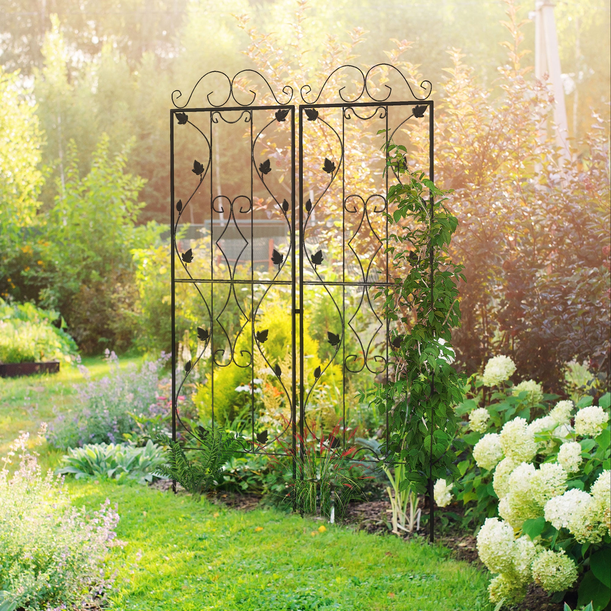 garden trellis plant supports Outsunny 2 Pack 71" x 20" Metal Garden Trellis for Climbing Plants, Leaf Design