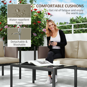 4 Piece Metal Garden Furniture Set with Tempered Glass Coffee Table, Texteline Pocket, Outdoor Set Loveseat Single Armchairs with Padded Cushions, Khaki