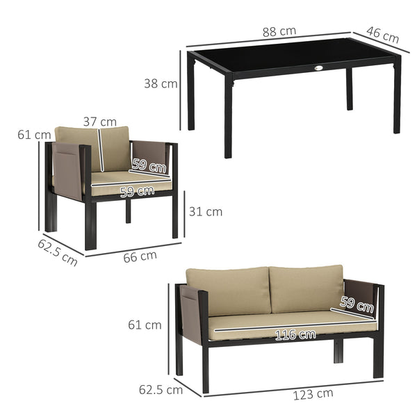 4 Piece Metal Garden Furniture Set with Tempered Glass Coffee Table, Texteline Pocket, Outdoor Set Loveseat Single Armchairs with Padded Cushions, Khaki
