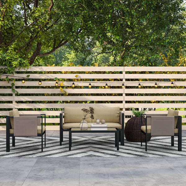 4 Piece Metal Garden Furniture Set with Tempered Glass Coffee Table, Texteline Pocket, Outdoor Set Loveseat Single Armchairs with Padded Cushions, Khaki