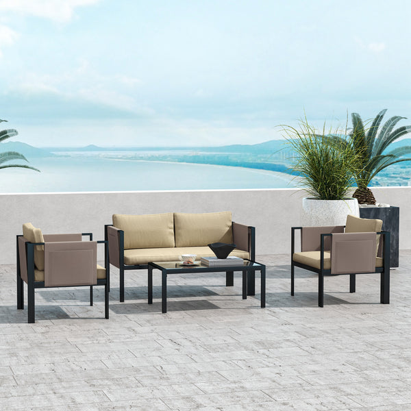 4 Piece Metal Garden Furniture Set with Tempered Glass Coffee Table, Texteline Pocket, Outdoor Set Loveseat Single Armchairs with Padded Cushions, Khaki