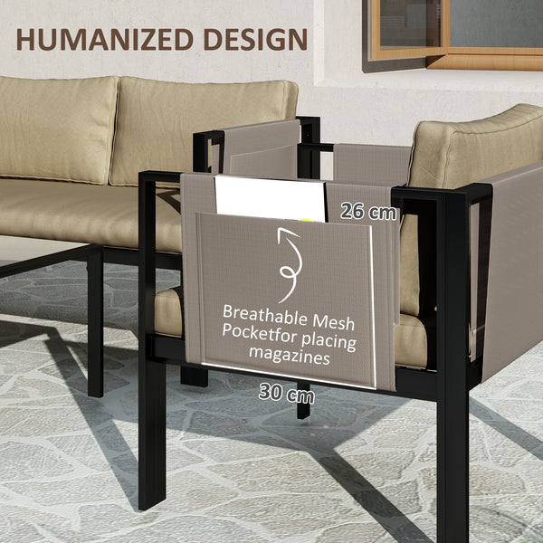 4 Piece Metal Garden Furniture Set with Tempered Glass Coffee Table, Texteline Pocket, Outdoor Set Loveseat Single Armchairs with Padded Cushions, Khaki