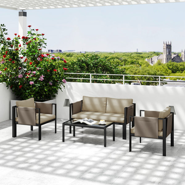 4 Piece Metal Garden Furniture Set with Tempered Glass Coffee Table, Texteline Pocket, Outdoor Set Loveseat Single Armchairs with Padded Cushions, Khaki