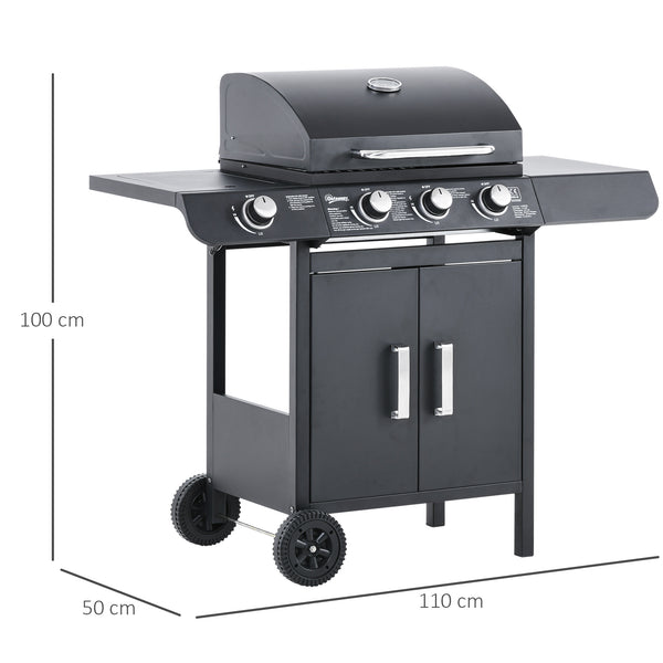 3+1 Burner Gas BBQ Gril with Side Burner, Warming Rack & Thermometer, 110 x 50 x 100cm, Grey