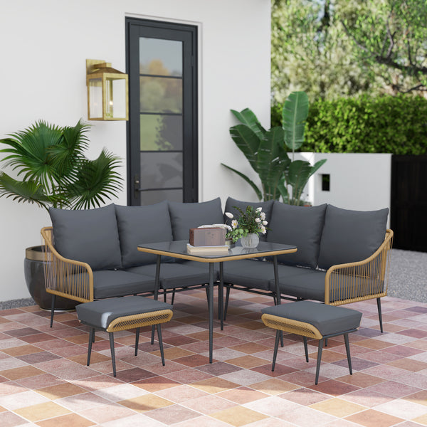 6 Piece Garden Furniture Set, Garden Corner Sofa Set with Thickened Cushions, Outdoor Patio Furniture Set with Glass Top Table, Footstools for Conservatory, Light Brown