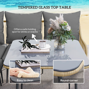 6 Piece Garden Furniture Set, Garden Corner Sofa Set with Thickened Cushions, Outdoor Patio Furniture Set with Glass Top Table, Footstools for Conservatory, Light Brown