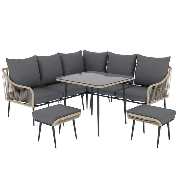 6 Piece Garden Furniture Set, Garden Corner Sofa Set with Thickened Cushions, Outdoor Patio Furniture Set with Glass Top Table, Footstools for Conservatory, Light Brown